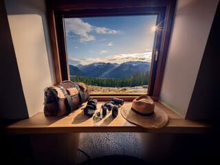 Poster - Mountain vista seen through a window;  a duffel bag, binoculars, and a hat rest on a window seat, bathed in sunlight.  Ready for adventure.