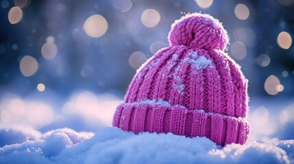 Wall Mural - Cozy pink hat resting in sparkling snow beneath a beautiful winter sky during a tranquil snowfall