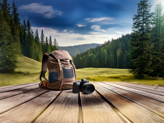Poster - A brown backpack and camera rest on a wooden deck overlooking a scenic mountain valley.  The sunlit meadow and evergreen forest create a picturesque backdrop ideal for outdoor adventures.