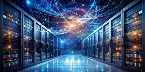 Poster - Double Exposure: Data Center Server Room & Global Network - Cloud Computing & Big Data