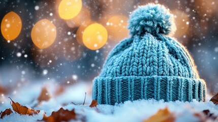 Wall Mural - Cozy winter hat resting on freshly fallen snow amidst soft glowing lights and delicate snowflakes during a tranquil winter evening