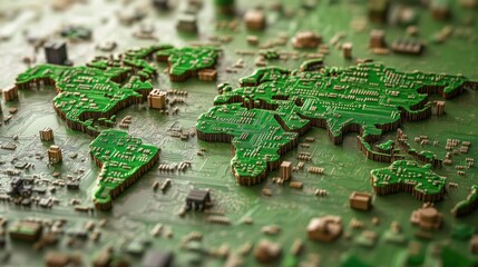 Poster - World map on circuit board, showing global technology.