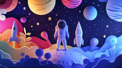 Poster - A colorful, whimsical space scene featuring an astronaut amidst planets and rockets.