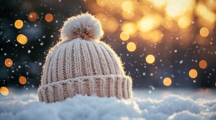 Wall Mural - Soft winter hat resting in fresh snow with warm sunlight illuminating sparkling snowflakes