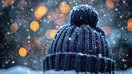 Wall Mural - Cozy winter hat adorned with snowflakes amidst glowing bokeh lights in a frosty atmosphere