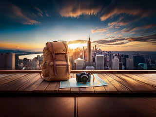 Poster - A backpack and camera rest on a wooden deck overlooking a vibrant cityscape at sunset.  The scene evokes adventure and urban exploration.