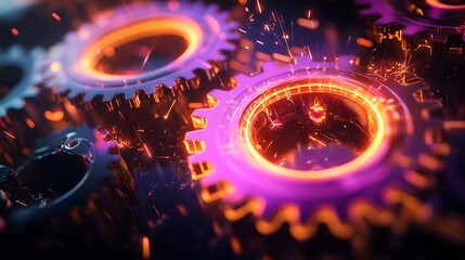 Poster - Glowing Metal Gears Interlocking with Sparks