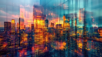Poster - Multiple exposure of office buildings reflecting the fast-paced business world, showing modern architecture, financial growth, and technological advancements in the workplace.