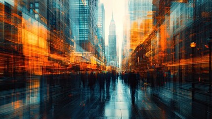 Poster - Multiple exposure of office buildings reflecting the fast-paced business world, showing modern architecture, financial growth, and technological advancements in the workplace.