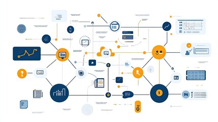 Poster - Network diagram showing interconnected business elements such as analysis, customer service, teamwork, technology, outsourcing, and business growth strategies