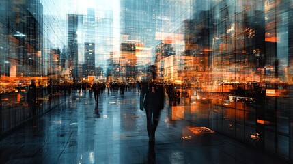 Poster - Multiple exposure of office buildings reflecting the fast-paced business world, showing modern architecture, financial growth, and technological advancements in the workplace.