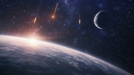 Poster - A cosmic scene depicting Earth, a moon, and meteors in a starry space backdrop.