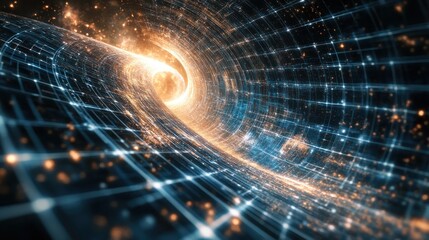 Poster - A cosmic tunnel with glowing particles and a grid structure, representing a wormhole.