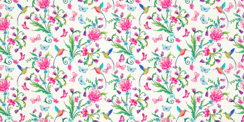 Aufkleber - seamless watercolor painting texture of floral pattern with rose flowers, butterflies and hummingbirds