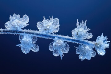 Wall Mural - Frozen twig showing hoarfrost ice crystals on a blue background