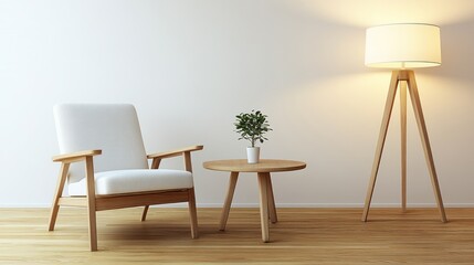 Poster - A cozy interior featuring a chair, table, lamp, and a small plant for relaxation.