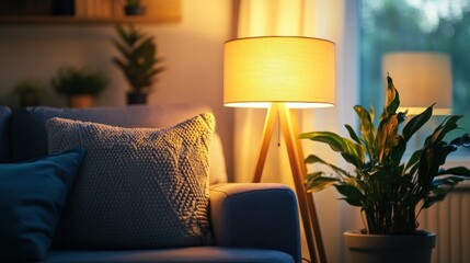 Aufkleber - A cozy living room scene with a lamp, sofa, and indoor plants, evoking warmth and comfort.