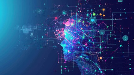 Poster - Big data technology and data science illustration. Data flow concept. Querying, analyzing, visualizing complex information. Neural network for artificial intelligence. Data mining. Business analytics 