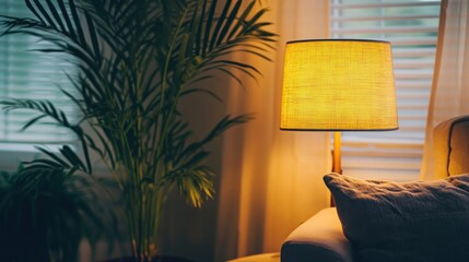 Poster - A cozy living space with a warm lamp and a plant, creating a relaxing atmosphere.