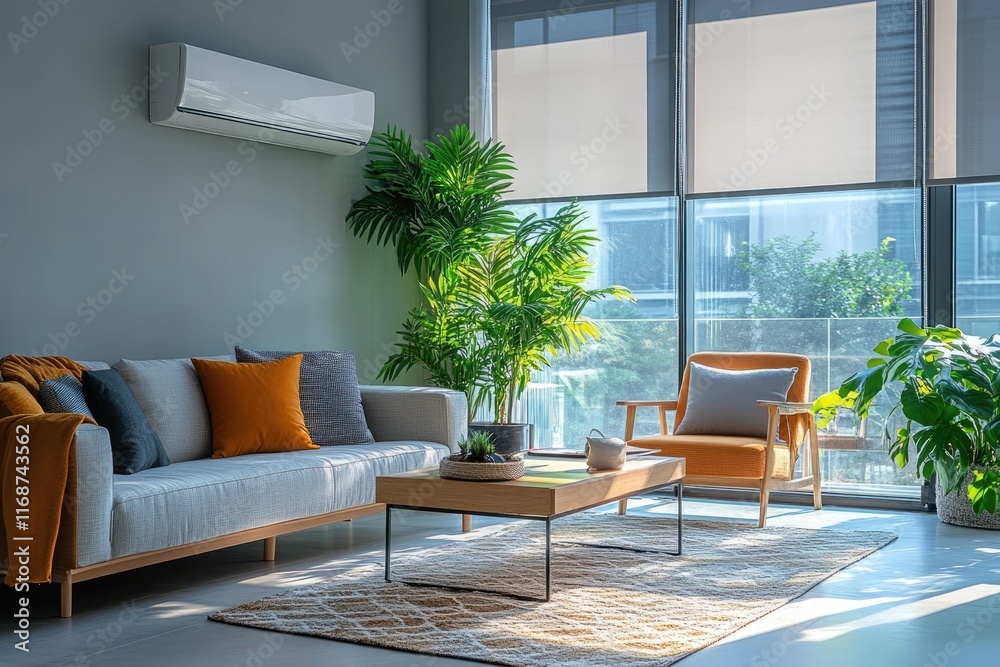 Modern living room interior design with air conditioning, plants and ...