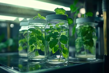 Aufkleber - Genetically modified plants growing in jars in a laboratory setting