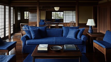 Aufkleber - A cozy, modern living room with blue furniture and wooden accents, emphasizing comfort and style.