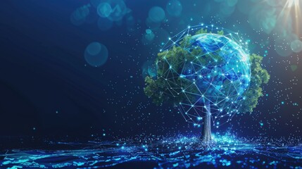 Poster - blue cyber polygon tree network connection technology concept with futuristic elements Abstract concept and planet earth with futuristic elements. Cartoon vector illustration