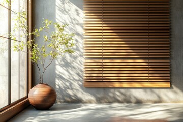 Poster - Sunlight streaming through wooden blinds illuminating modern minimalist room