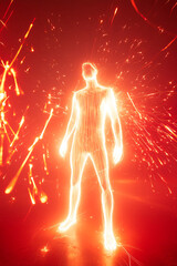 Poster - A glowing human figure made of light and sparks, surrounded by bright energy and a dark background.