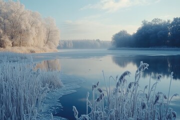 Wall Mural - Frozen lake reflecting snowy trees and frosted reeds in winter morning