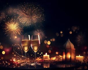 Aufkleber - Two champagne flutes filled to the brim, sparkling under a vibrant fireworks display. A warm candlelit scene with a lantern adds a touch of festive elegance to the celebratory night.
