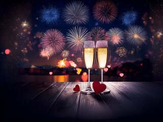 Poster - Two champagne flutes sit on a wooden surface, overlooking a lake with a vibrant fireworks display in the night sky.  Red hearts add a romantic touch.