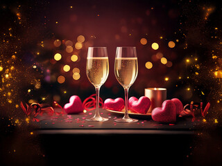 Poster - Romantic Valentine's Day scene: Two champagne flutes, pink hearts, candlelight, and sparkling bokeh create a festive, intimate ambiance. Perfect for a celebratory toast.