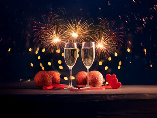 Poster - Two champagne flutes filled to the brim, stand before a mesmerizing fireworks display and glowing bokeh. Red ornaments and hearts complete the romantic, celebratory scene.