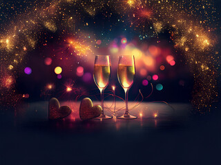 Poster - Two champagne flutes filled to the brim stand before a backdrop of glittering lights and bokeh, alongside two decorative hearts.  A romantic, celebratory scene perfect for a toast.