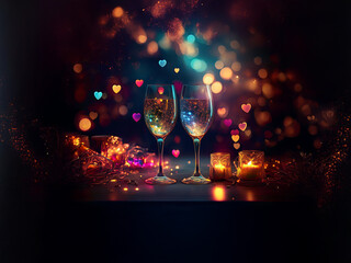 Poster - Romantic evening scene with two champagne flutes, illuminated by warm candlelight and colorful bokeh.  Floating hearts add to the festive ambiance.