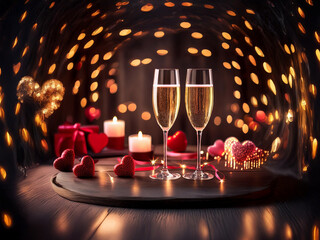 Poster - Romantic Valentine's Day scene with two champagne flutes, candles, and heart-shaped decorations.  Warm, intimate lighting creates a cozy atmosphere.