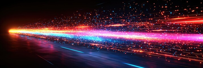 Poster - Abstract light streaks, red and blue glowing lines, particles, speed, energy, motion, dynamic, futuristic, technology, digital, background.