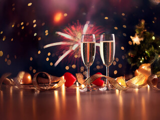Poster - Two champagne flutes filled to the brim, nestled amidst shimmering golden ribbon, festive ornaments, and a vibrant firework display in the background. A romantic New Year's Eve scene.