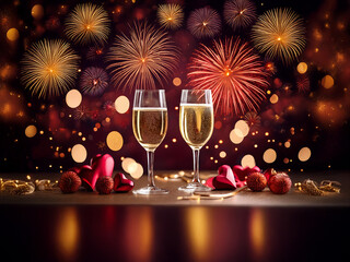 Poster - Two champagne flutes filled to the brim sit before a vibrant fireworks display and scattered red hearts, celebrating a joyous occasion.