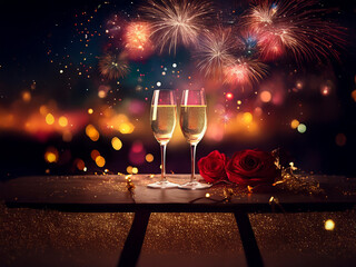 Poster - Romantic New Year's Eve scene: Two champagne flutes, red roses, and sparkling fireworks create a festive atmosphere.  Golden lights and bokeh add to the celebratory mood.