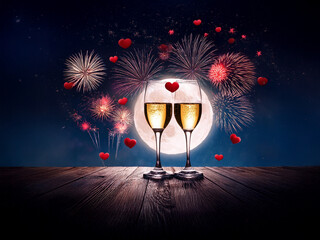 Poster - Romantic Valentine's scene: Two champagne flutes on a wooden surface, illuminated by a full moon and celebratory fireworks with heart-shaped sparkles.  Perfect for a romantic evening.