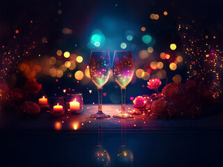Poster - Two champagne flutes gleam, reflecting a vibrant, bokeh-filled night.  Candles and roses add romantic ambiance to the celebratory scene.