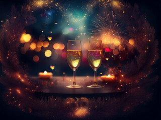 Poster - Two champagne flutes sit on a table, encircled by festive lights, candles, and a celebratory fireworks display.  A romantic and magical New Year's Eve scene.