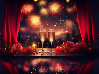 Aufkleber - Romantic scene: Two champagne flutes on a windowsill, framed by red curtains, with fireworks and heart-shaped sweets.  A celebratory, intimate atmosphere.