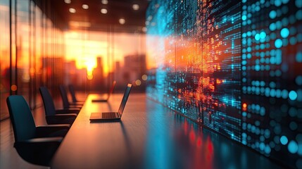 Poster - Tech conference room with integrated AI tools and a blurred background, representing cutting-edge technology and collaborative business solutions for modern companies