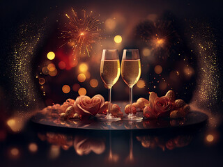 Poster - Two champagne flutes filled to the brim sit on a dark surface, adorned with golden roses and surrounded by a celebratory fireworks display.  A romantic and festive scene perfect for toasting.