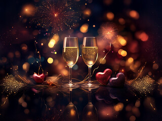 Aufkleber - Two champagne flutes filled to the brim, stand side by side, reflecting in a dark, shiny surface.  Sparkling lights and fireworks illuminate the scene, with small hearts nearby. A romantic and celebra