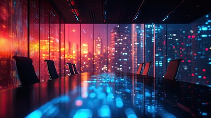Poster - Tech conference room with integrated AI tools and a blurred background, representing cutting-edge technology and collaborative business solutions for modern companies