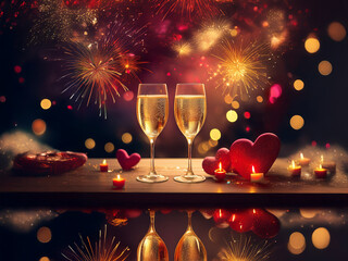 Poster - Romantic celebration with champagne flutes, heart-shaped decorations, and a vibrant fireworks display reflected in a glassy surface.  Candles and a chocolate box add to the festive ambiance.